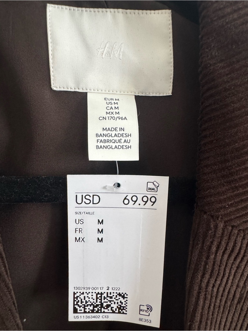 H&M Dark Brown 100% Cotton Corduroy Blazer Jacket Size M - Picture 5 of 6